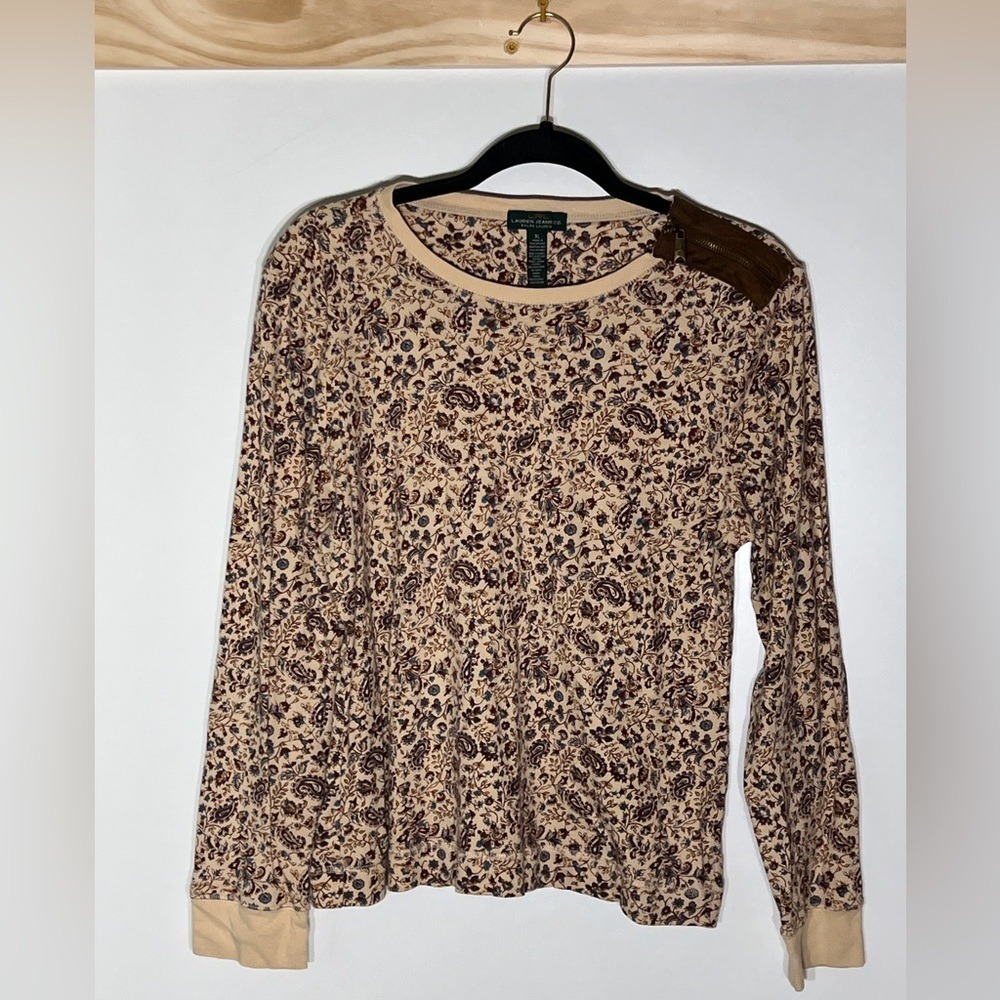 Lauren Ralph Lauren Jeans Co. Long Sleeve Top Floral Elbow Patch Women Size XL